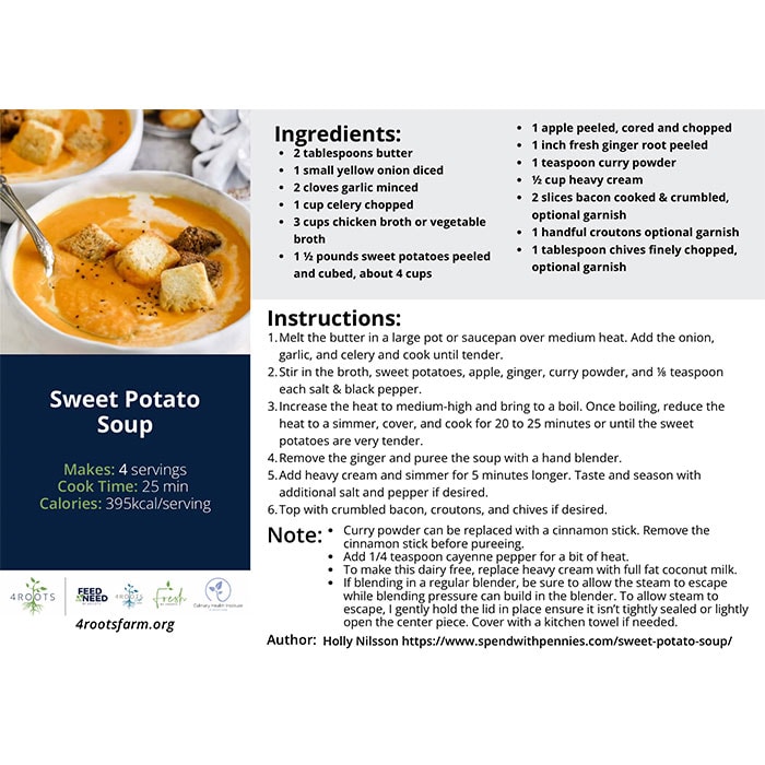 fab-resource-fab-florida-nutrition-ed-recipe-cards Recipe card for Sweet Potato Soup with a photo, ingredients, and cooking instructions. Serves 4, 395kcal/serving.