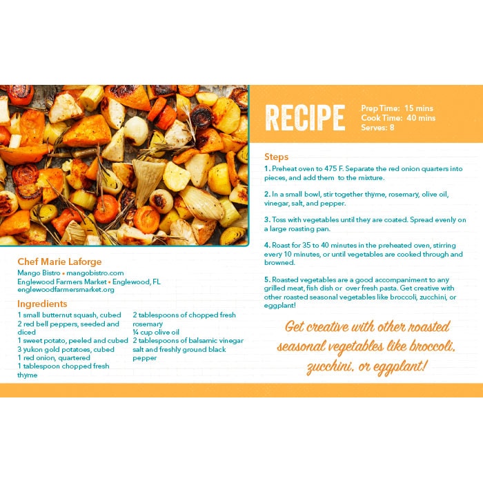 fab-resource-recipe-cards Recipe card with roasted vegetables, ingredient list, and preparation steps on a colorful layout. Serves 8.