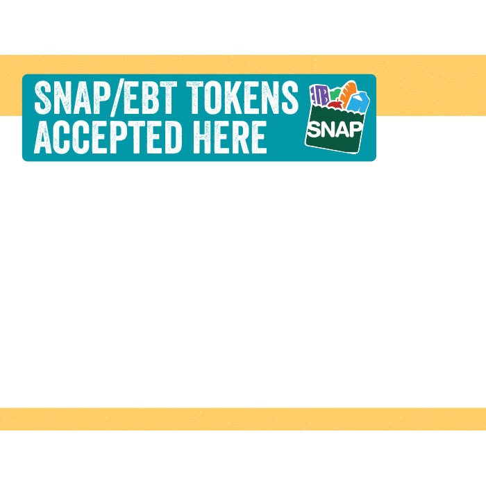 fab-resource-vendor-token-sign-snap Sign with "SNAP/EBT Tokens Accepted Here" and the SNAP logo, placed on a white and yellow background.